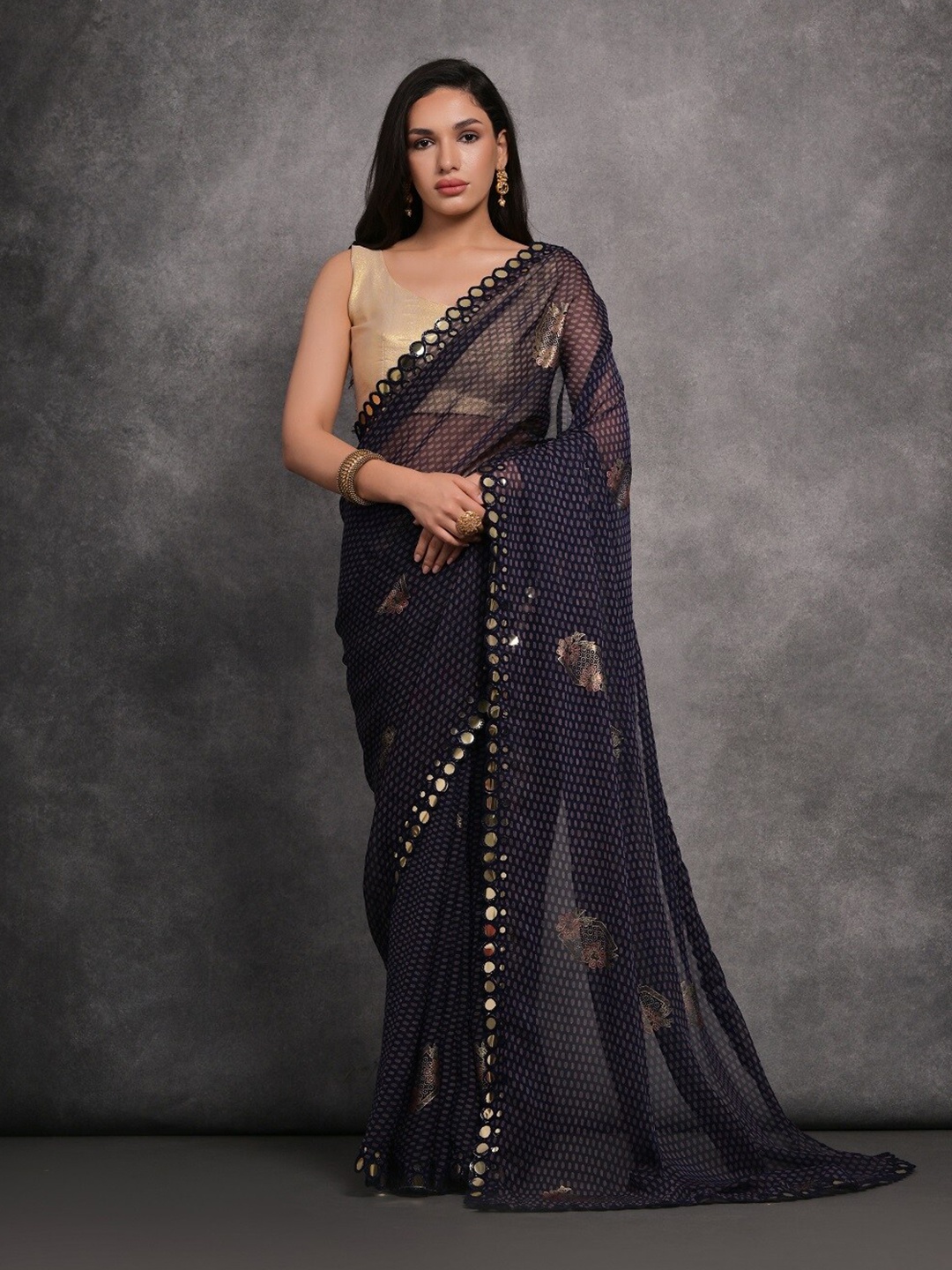 

Kalista Ethnic Motifs Mirror Work Pure Georgette Saree, Blue