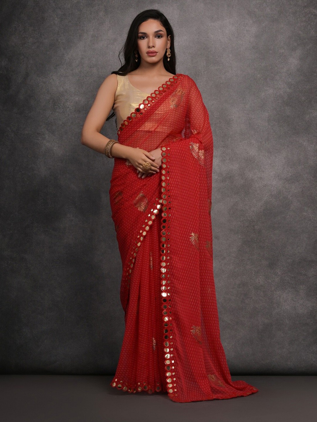 

Kalista Ethnic Motifs Mirror Work Pure Georgette Saree, Maroon