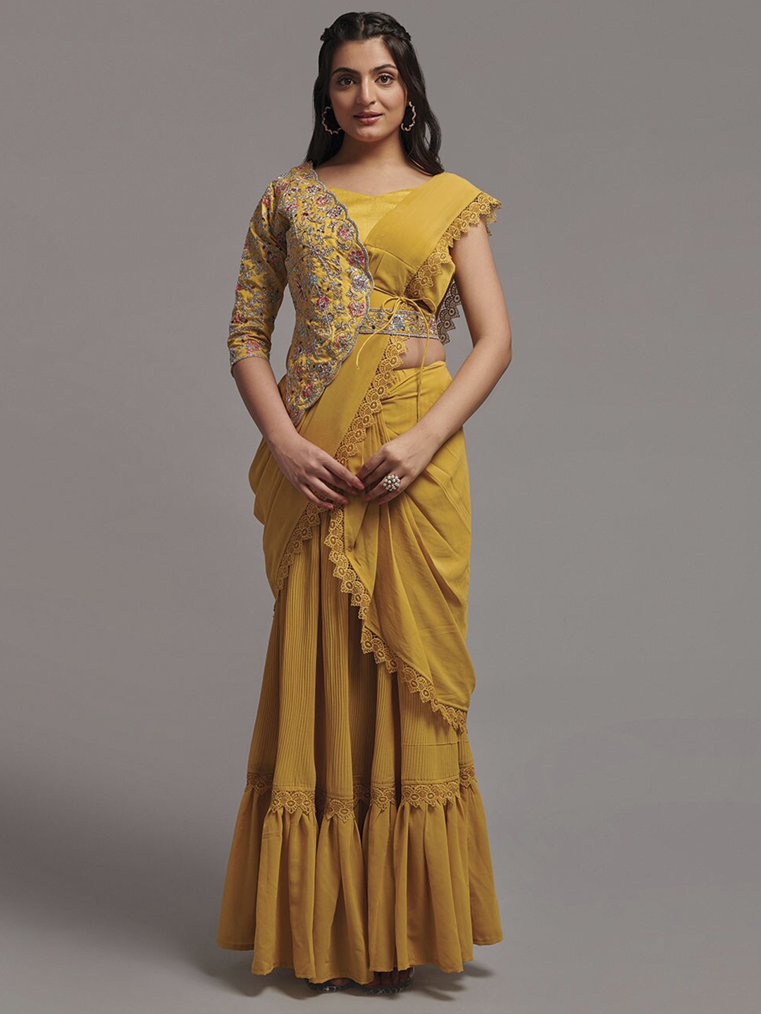 

Kalista Embellished Sequinned Pure Georgette Ready to Wear Saree, Mustard