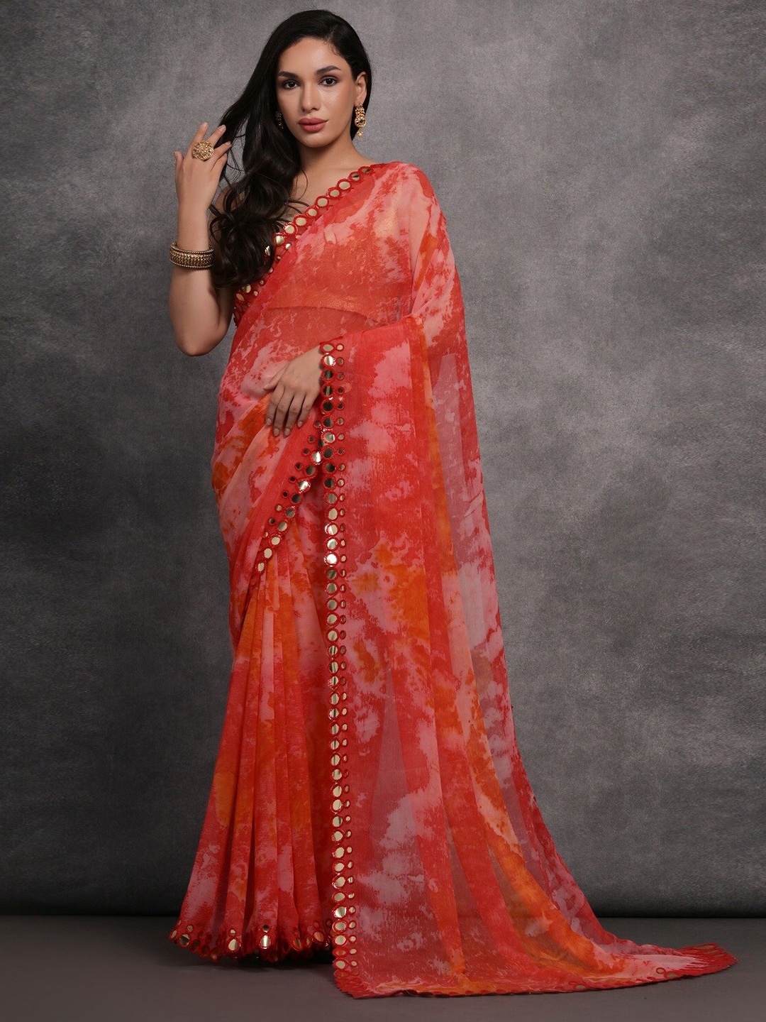 

Kalista Tie and Dye Mirror Work Pure Georgette Saree, Red