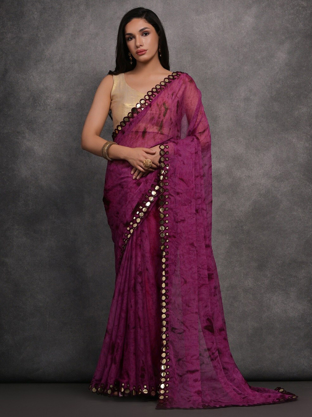 

Kalista Tie and Dye Mirror Work Pure Georgette Saree, Purple