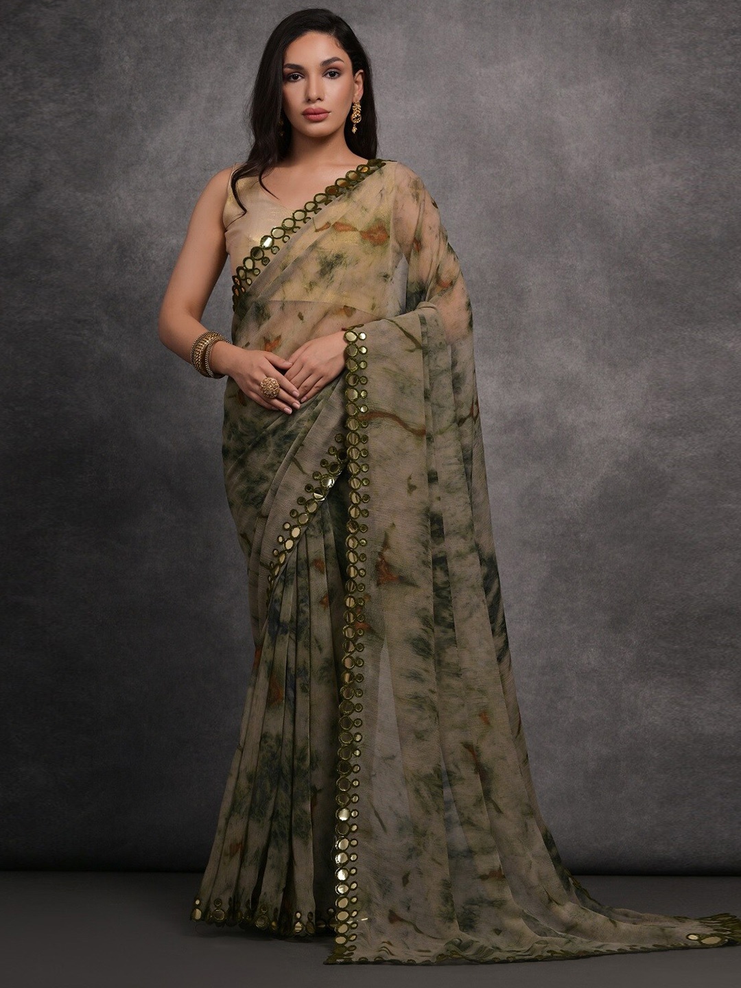 

Kalista Tie and Dye Mirror Work Pure Georgette Saree, Grey