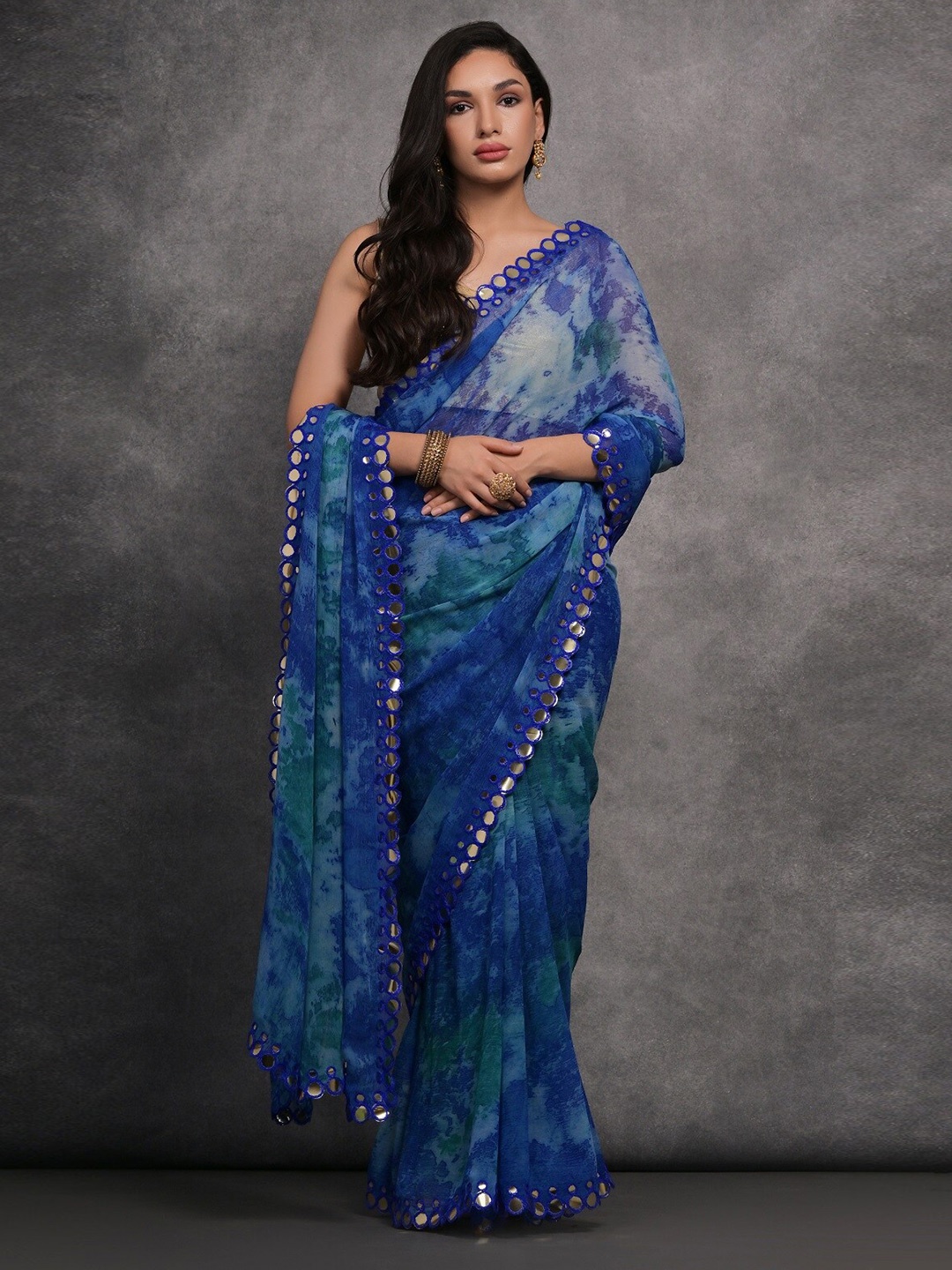 

Kalista Tie and Dye Mirror Work Pure Georgette Saree, Blue