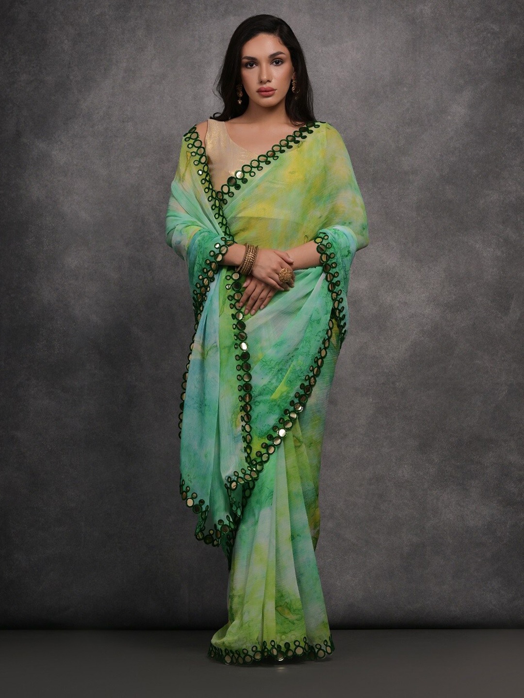 

Kalista Tie and Dye Mirror Work Pure Georgette Saree, Green