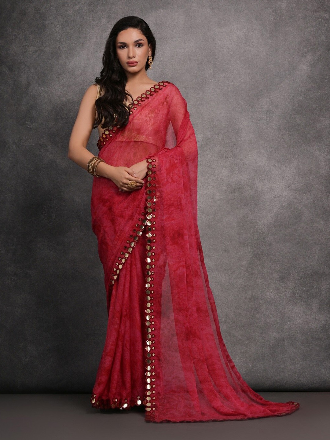 

Kalista Tie and Dye Mirror Work Pure Georgette Saree, Maroon