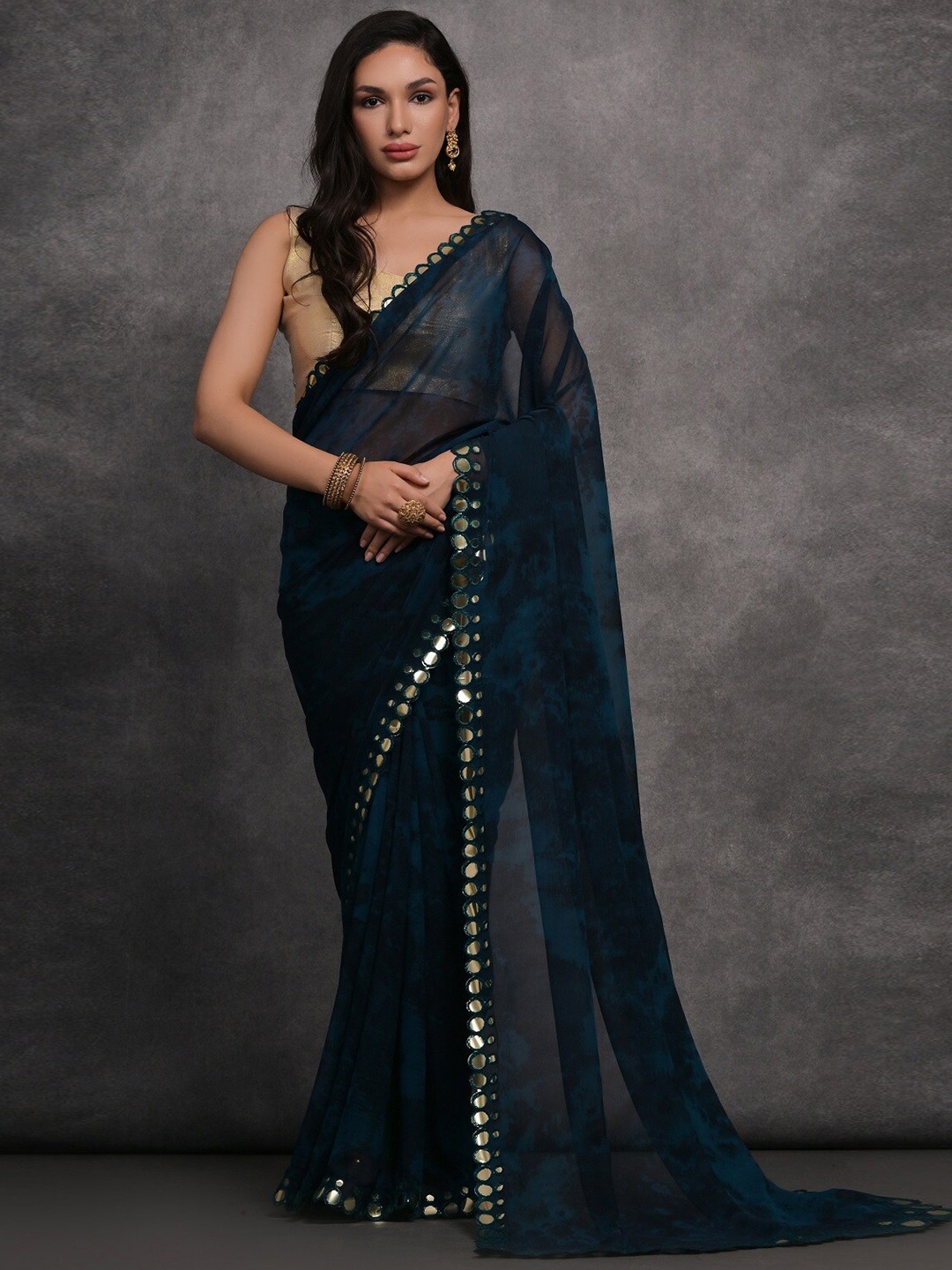 

Kalista Tie and Dye Mirror Work Pure Georgette Saree, Teal