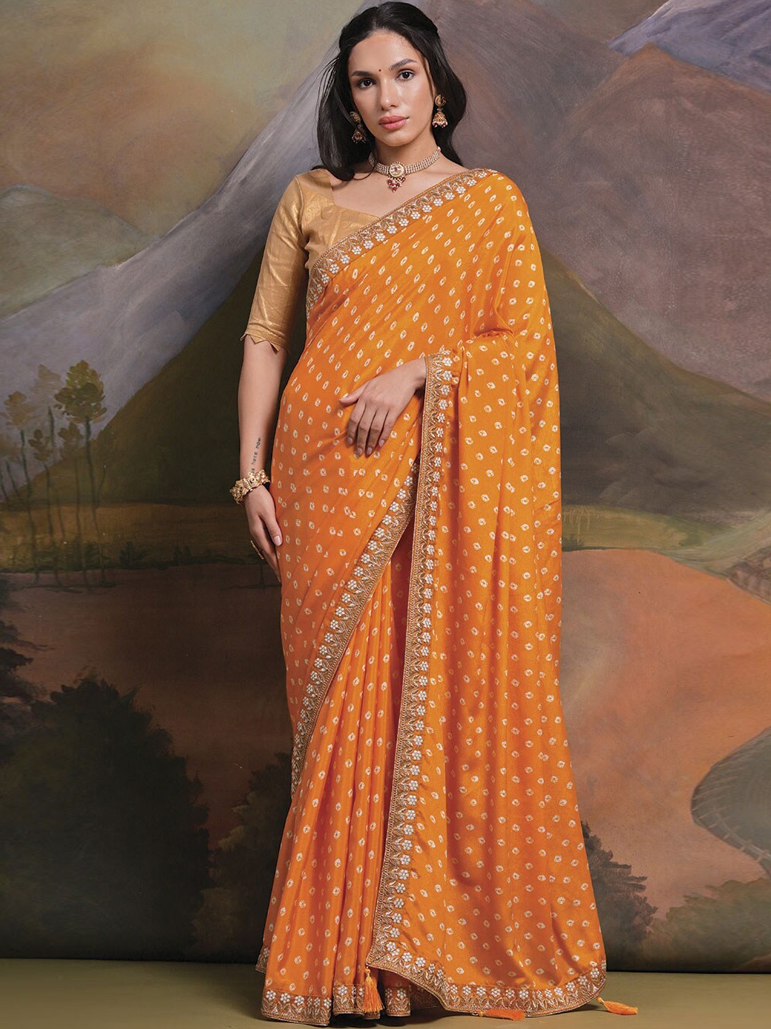 

Kalista Bandhani Embroidered Pure Georgette Saree, Mustard