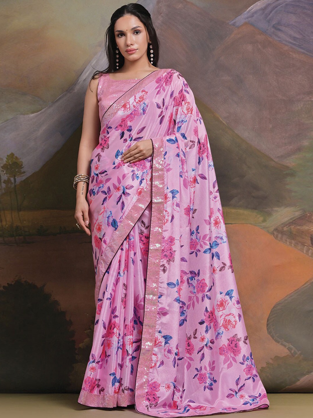 

Kalista Floral Sequinned Pure Georgette Saree, Pink