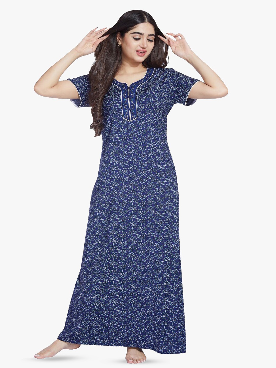 

QUIRA Women Printed Maxi Nightdress, Blue