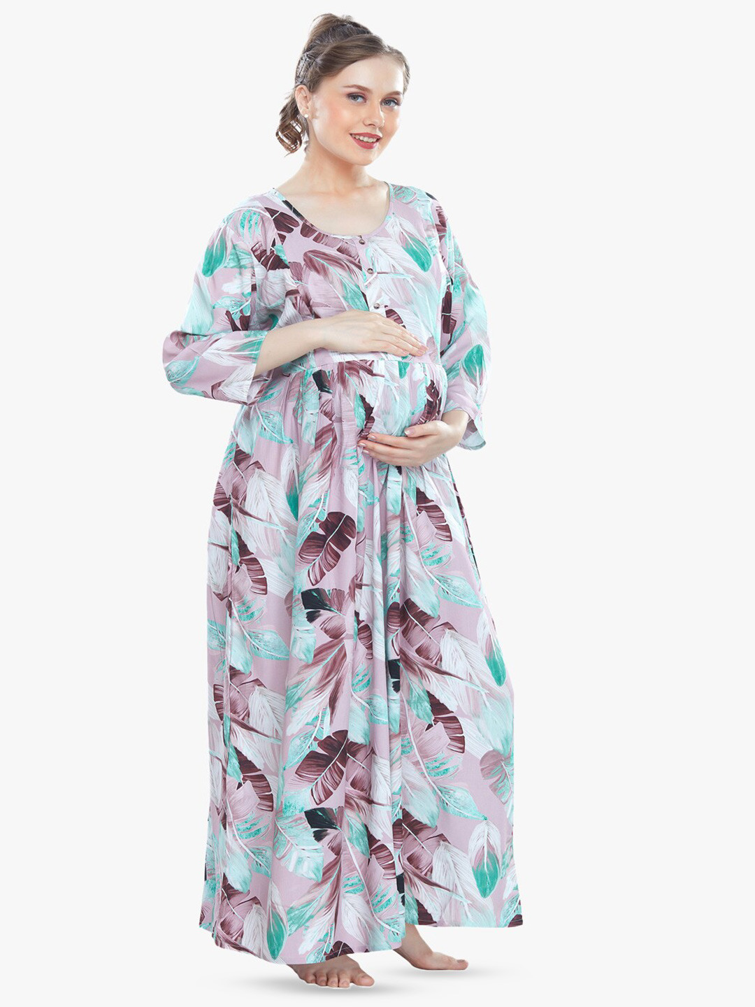 

QUIRA Women Printed Maxi Nightdress, Peach