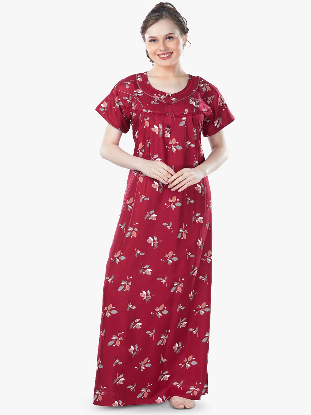 

QUIRA Women Printed Maxi Nightdress, Maroon