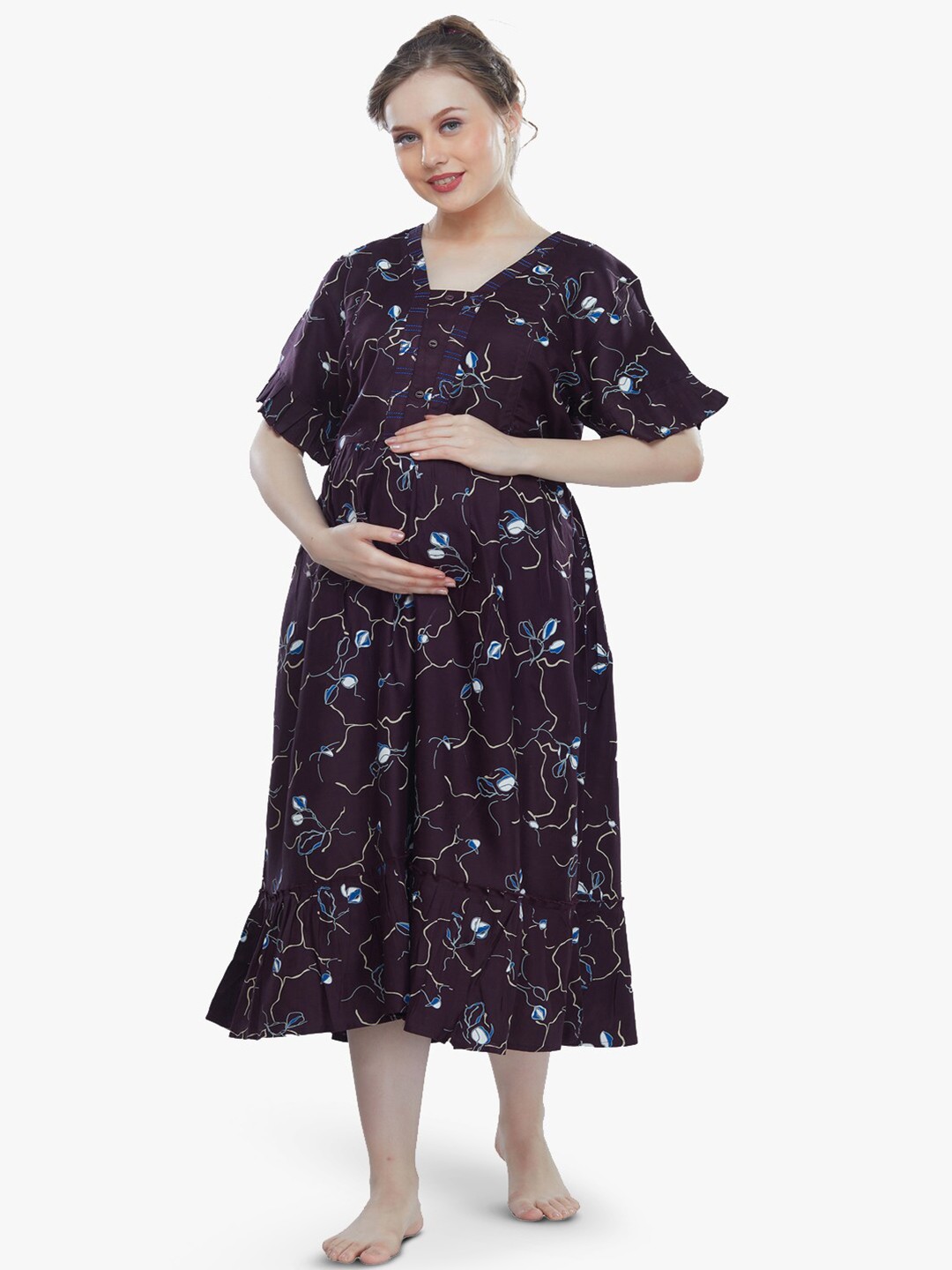 

QUIRA Women Maternity Printed Nightdress, Brown