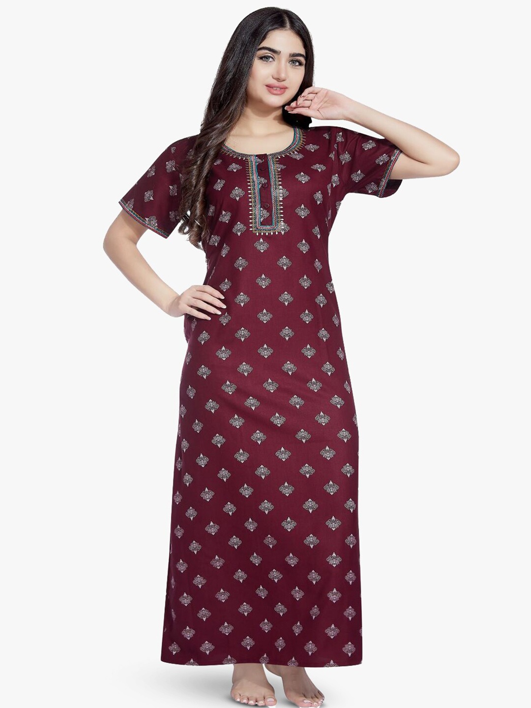 

QUIRA Women Embroidered Maxi Nightdress, Maroon