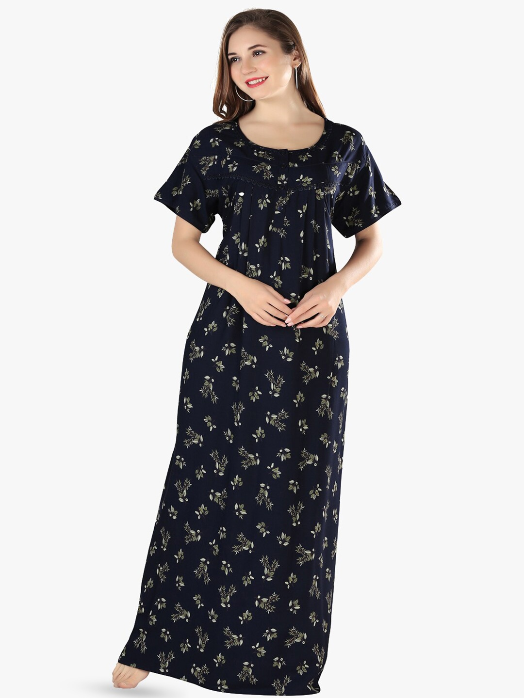 

QUIRA Women Printed Maxi Nightdress, Blue
