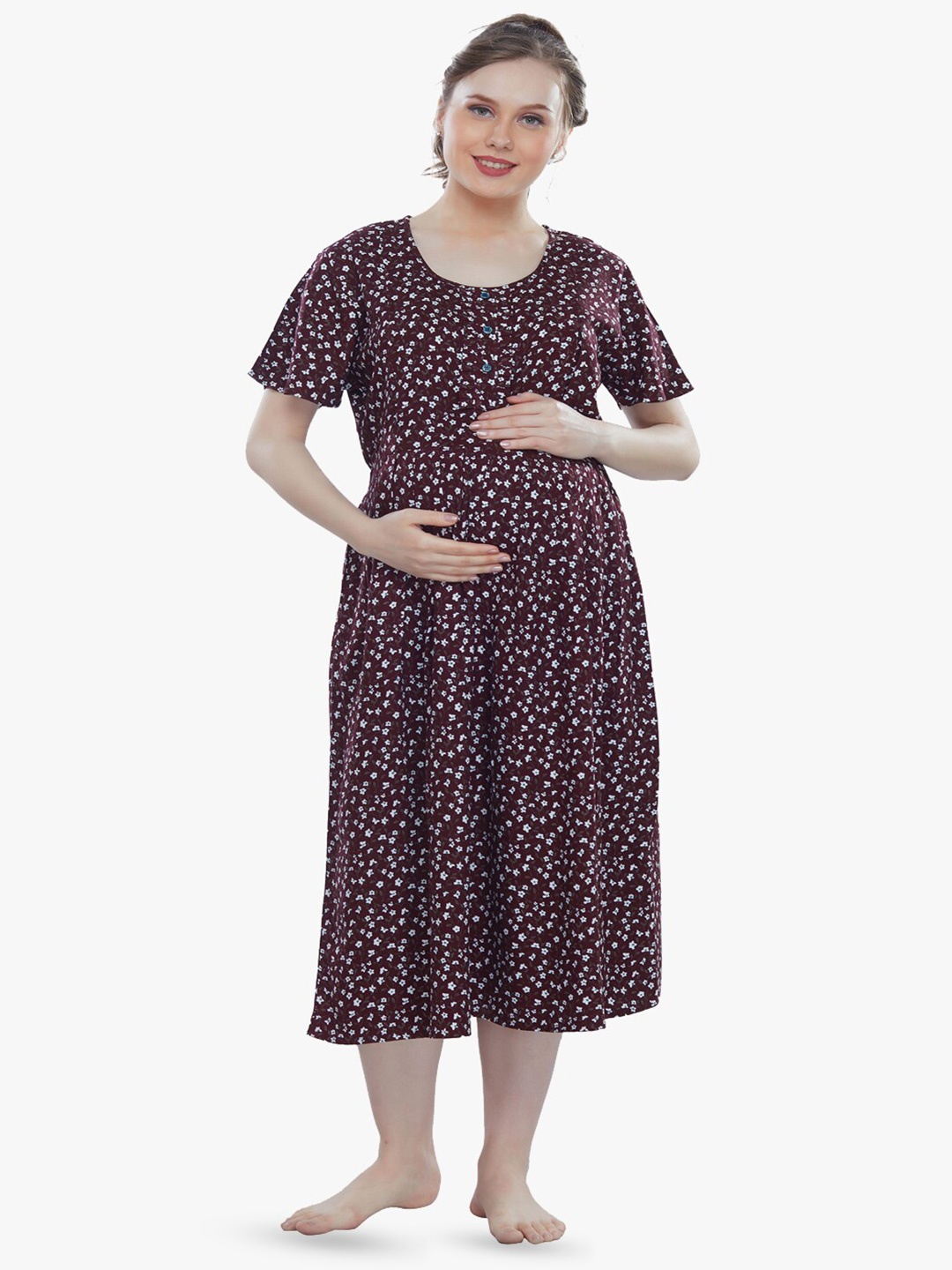 

QUIRA Women Maternity Printed Nightdress, Maroon
