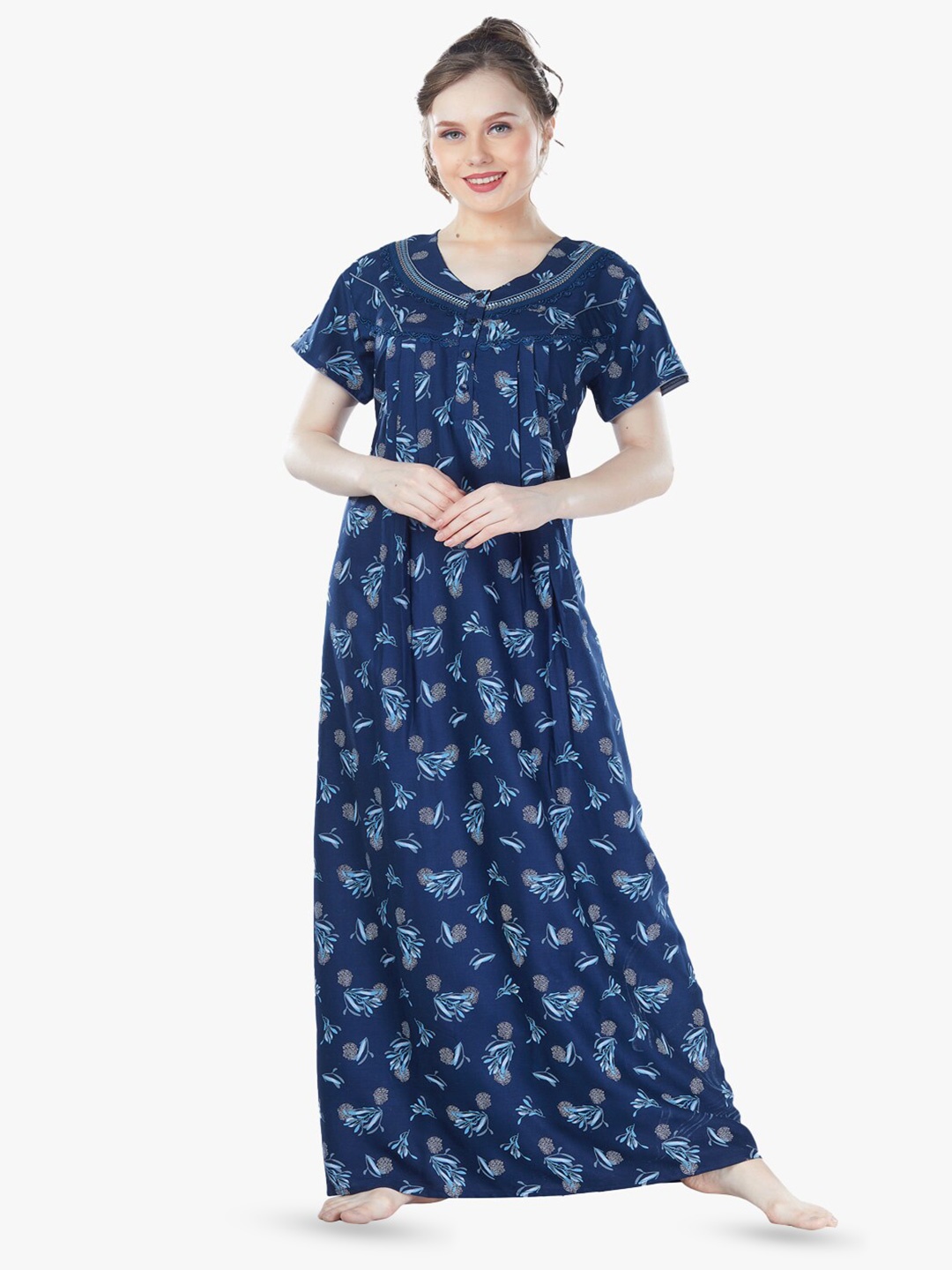 

QUIRA Women Embroidered Maxi Nightdress, Blue