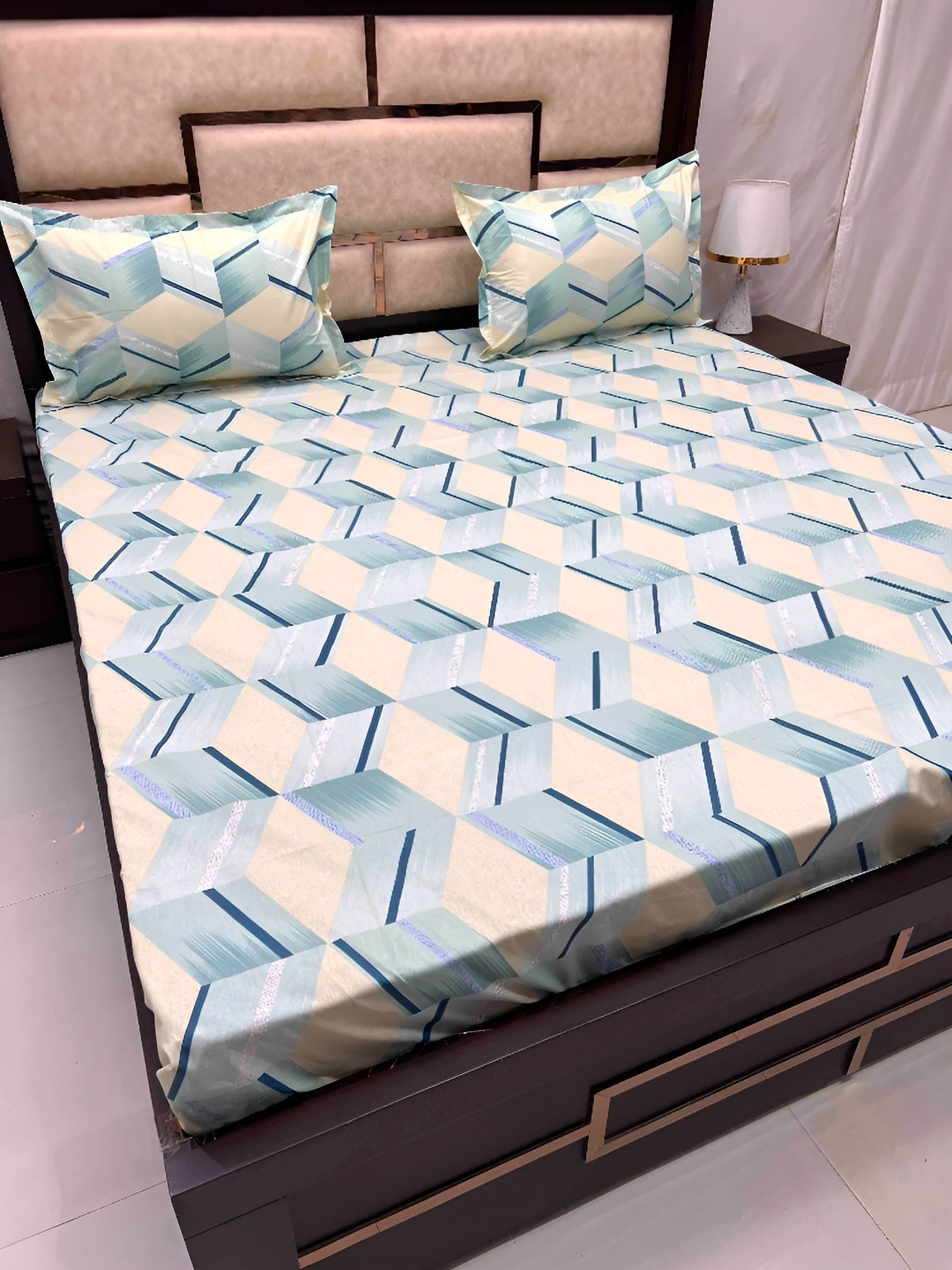 

Pure Decor Beige & Blue Geometric Queen Bedsheet with 2 Pillow Covers