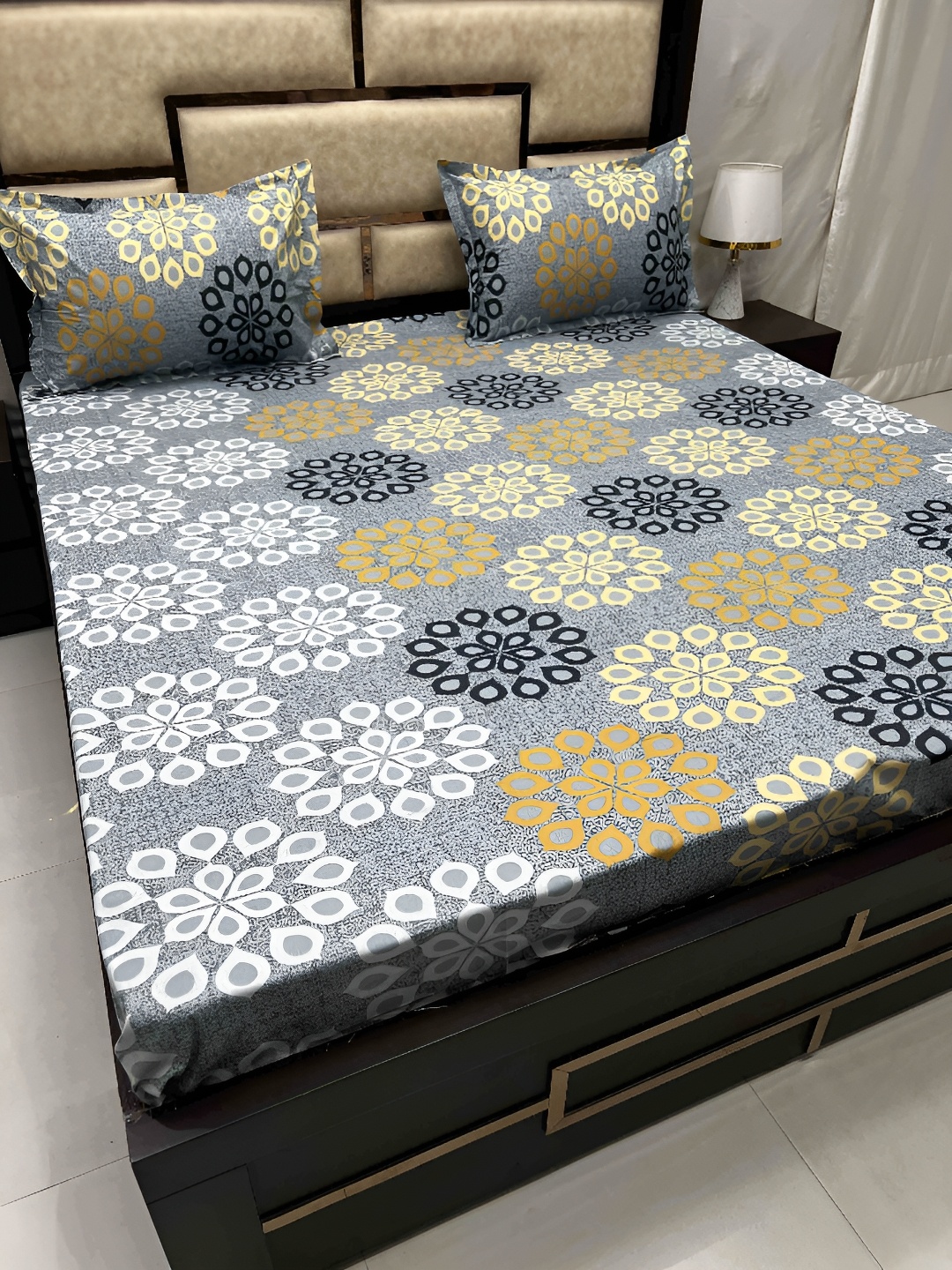 

Pure Decor Grey & Yellow Ethnic Motifs Queen Bedsheet with 2 Pillow Covers