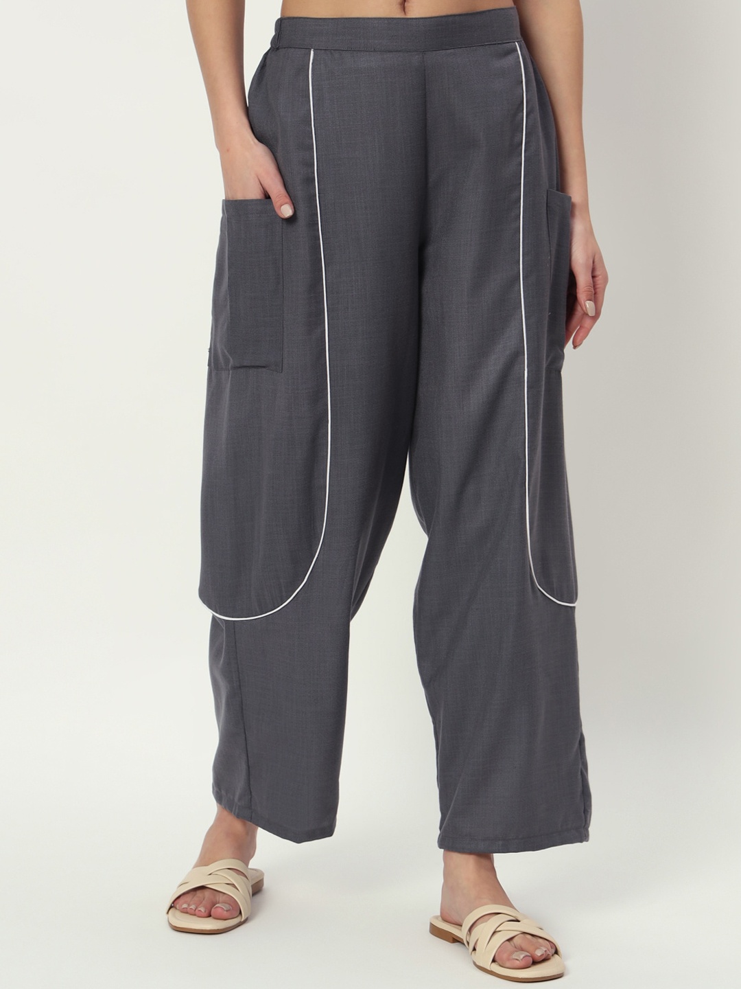 

9rasa Women Relaxed Loose Fit High-Rise Cotton Trousers, Grey