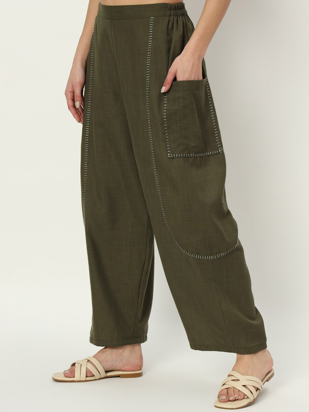 

9rasa Women Relaxed Loose Fit High-Rise Parallel Trousers, Olive