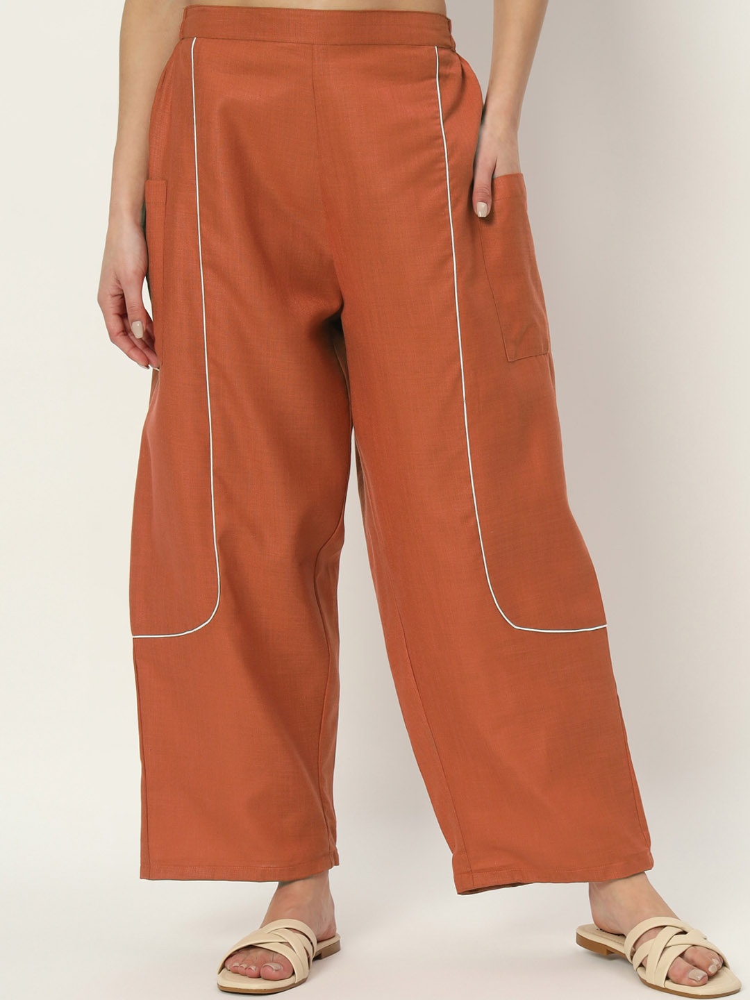 

9rasa Women Relaxed Loose Fit Cotton High-Rise Balloon Trouser Trouser, Rust