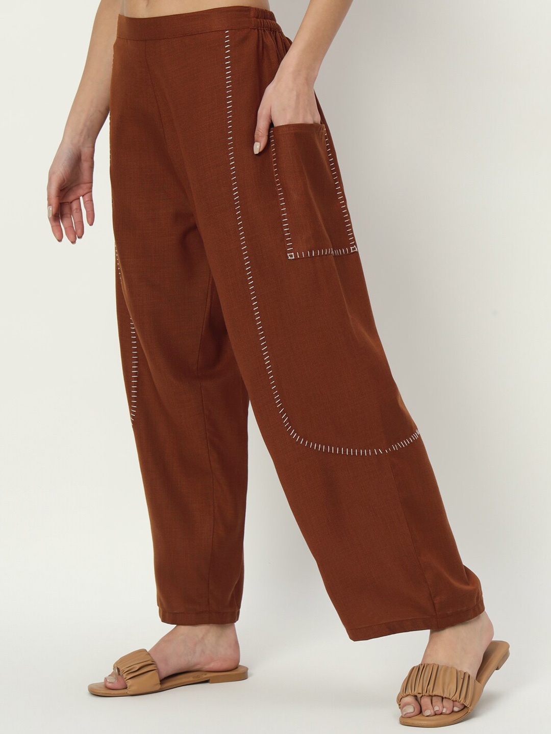 

9rasa Women Relaxed Loose Fit Cotton High-Rise Parallel Trouser, Brown