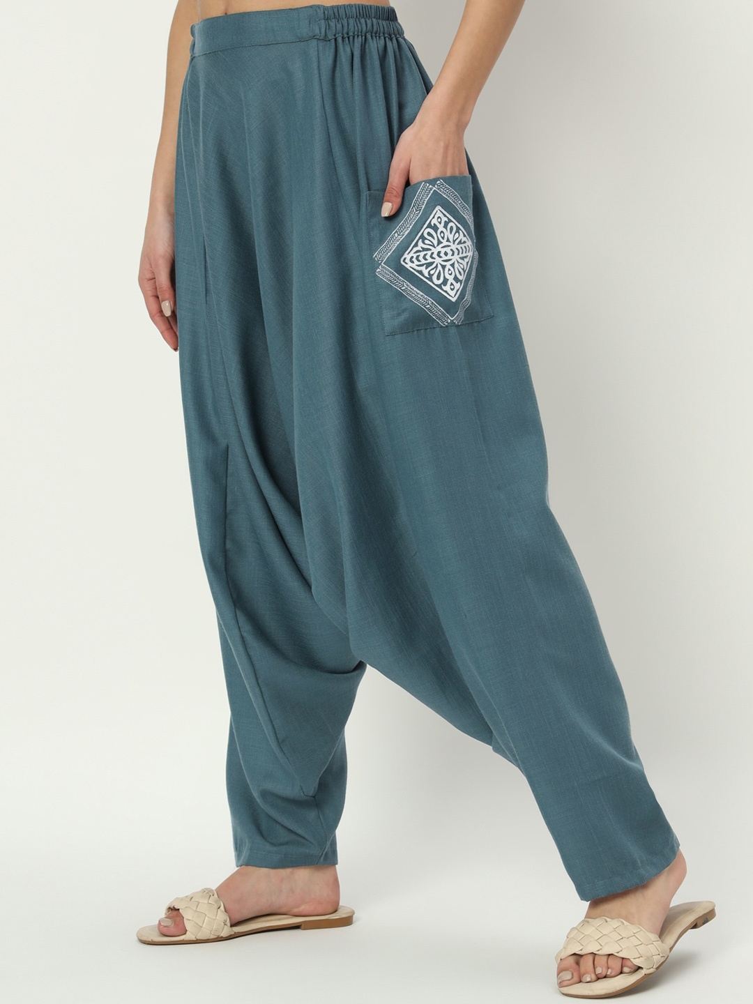 

9rasa Cotton Printed Drop-Crotch Trouser, Grey
