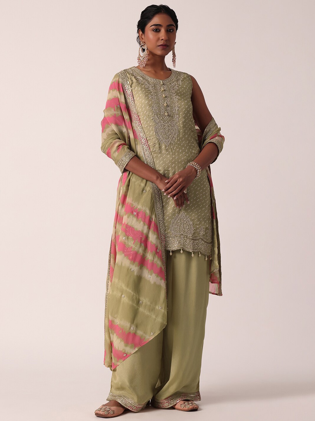 

KALKI Fashion Women Bandhani Embroidered Regular Sequinned Kurti with Palazzos & With Dupatta, Beige