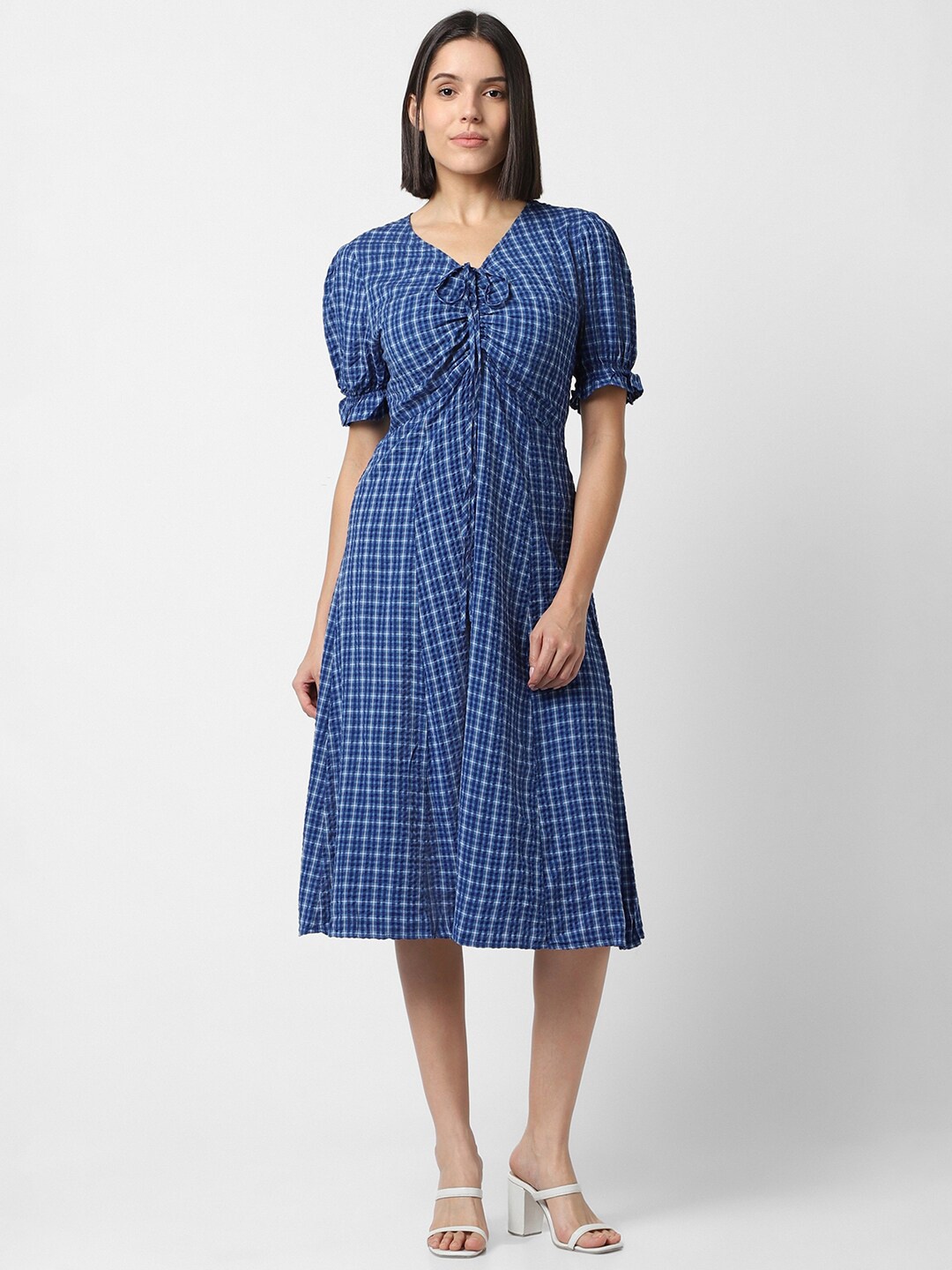 

Van Heusen Woman Checked V Neck Cotton Puff Sleeve Fit & Flare Dress, Blue