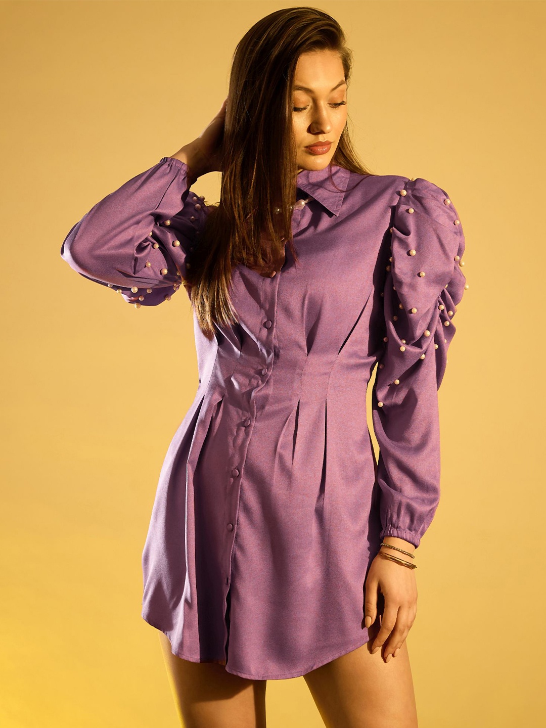 

KASSUALLY Purple Pleated Power Shoulder Shirt Dress