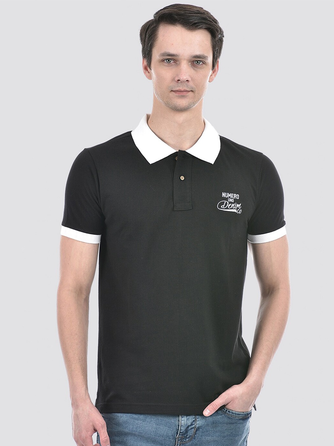 

Numero Uno Polo Collar Cotton Slim Fit T-shirt, Black