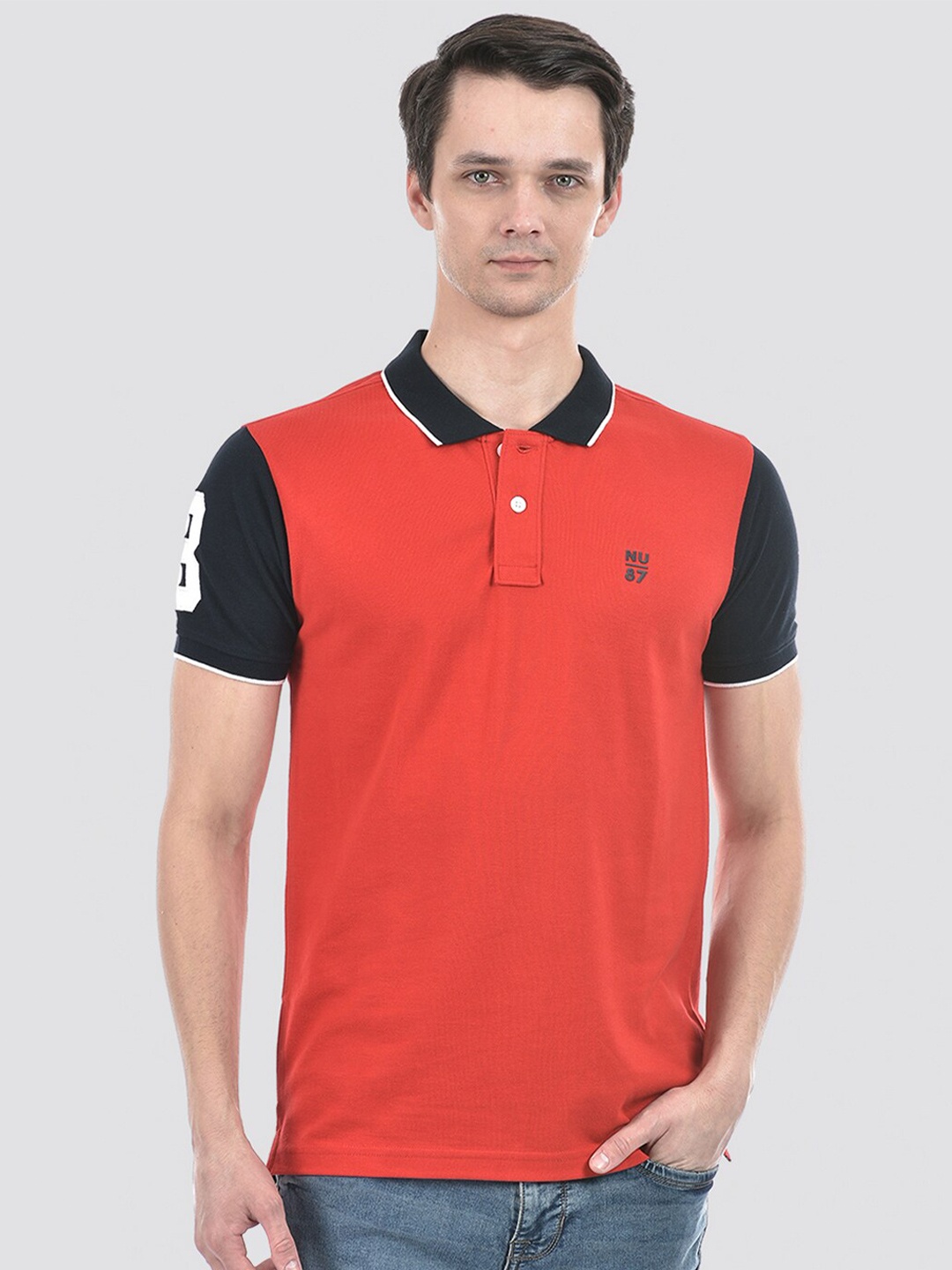 

Numero Uno Colourblocked Polo Collar Short Sleeves Cotton Slim Fit T-shirt, Red