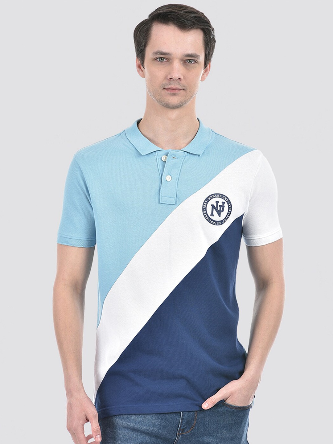 

Numero Uno Colourblocked Polo Collar Short Sleeves Cotton Slim Fit T-shirt, Turquoise blue
