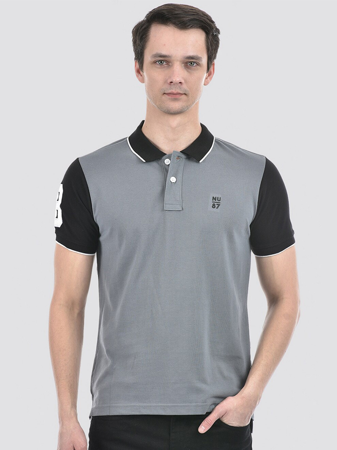 

Numero Uno Colourblocked Pure Cotton Polo Collar Slim Fit T-shirt, Grey