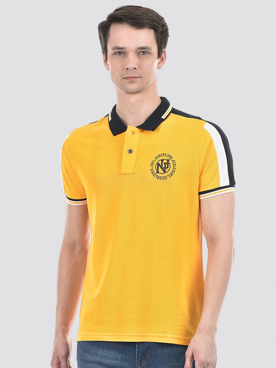 

Numero Uno Colourblocked Pure Cotton Polo Collar Slim Fit T-shirt, Yellow