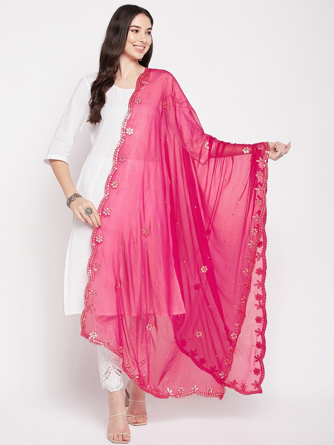 

Clora Creation Embroidered Dupatta with Gotta Patti, Magenta