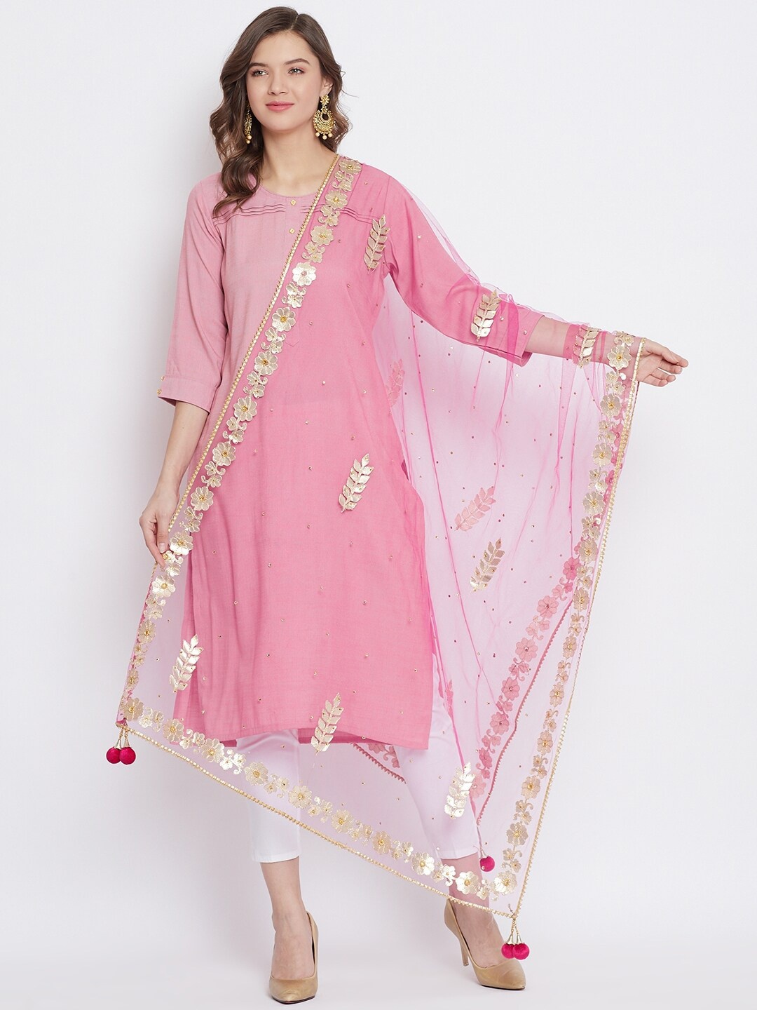 

Clora Creation Embroidered Dupatta with Gotta Patti, Pink