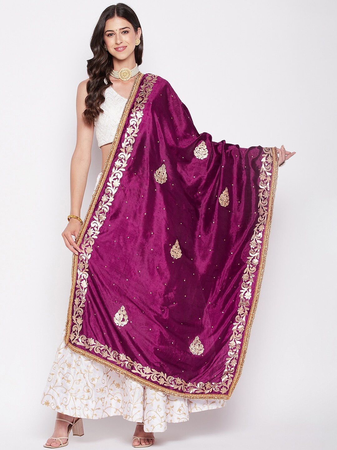 

Clora Creation Ethnic Motifs Embroidered Dupatta with Gotta Patti, Purple