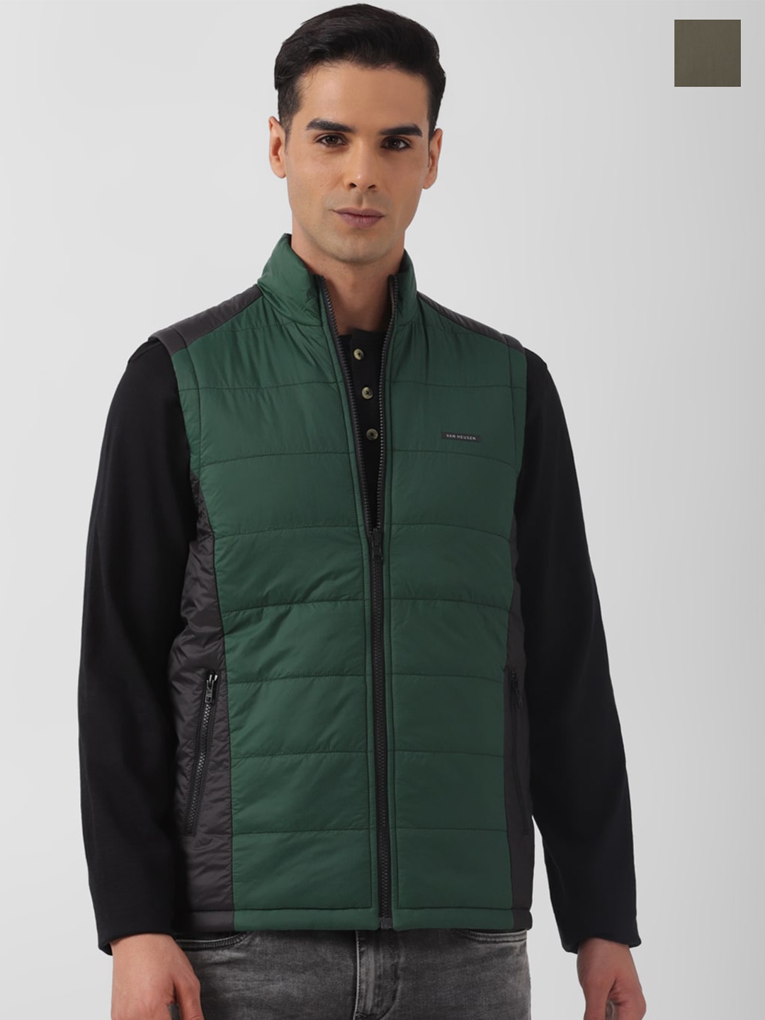 

Van Heusen Flex Colourblocked Mock Collar Antimicrobial Quilted Jacket, Green