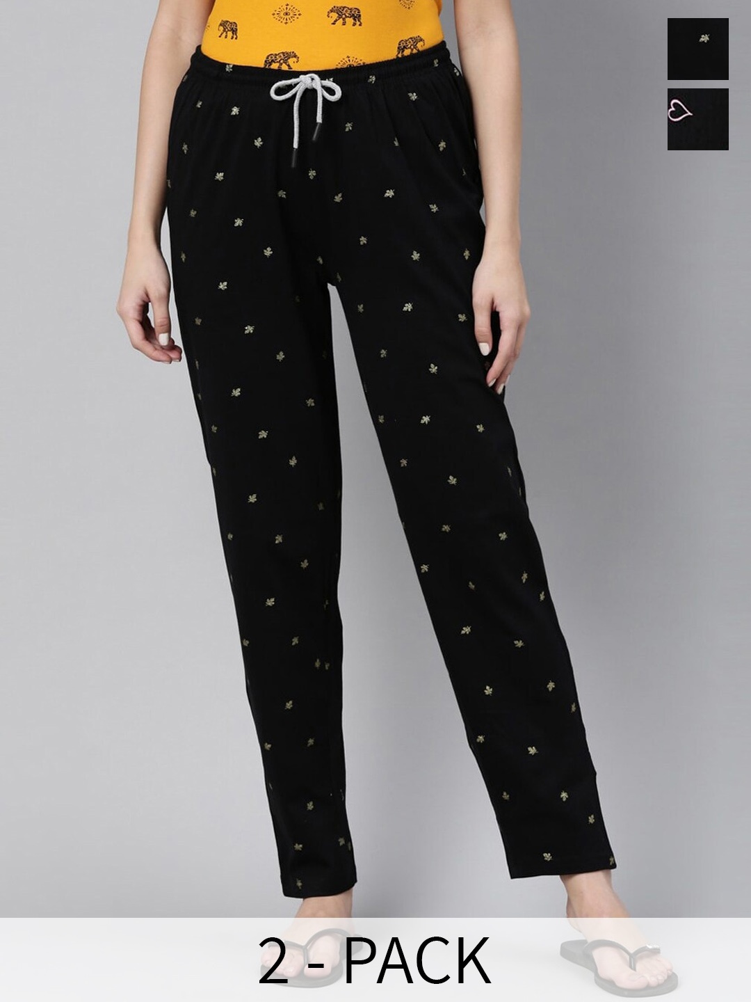 

Kryptic Pack Of 2 Printed Cotton Relaxed-Fit Straight-Leg Lounge Pants, Black