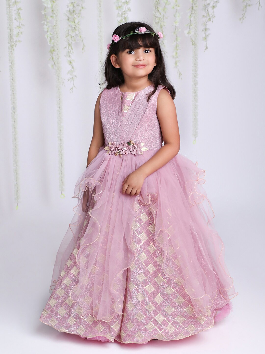 

KID1 Girls Floral Sequined Net Fit & Flare Maxi Dress, Mauve