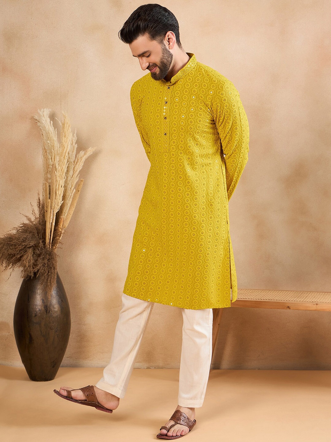 

House of Pataudi Sequinned Hakoba Straight Kurta, Mustard