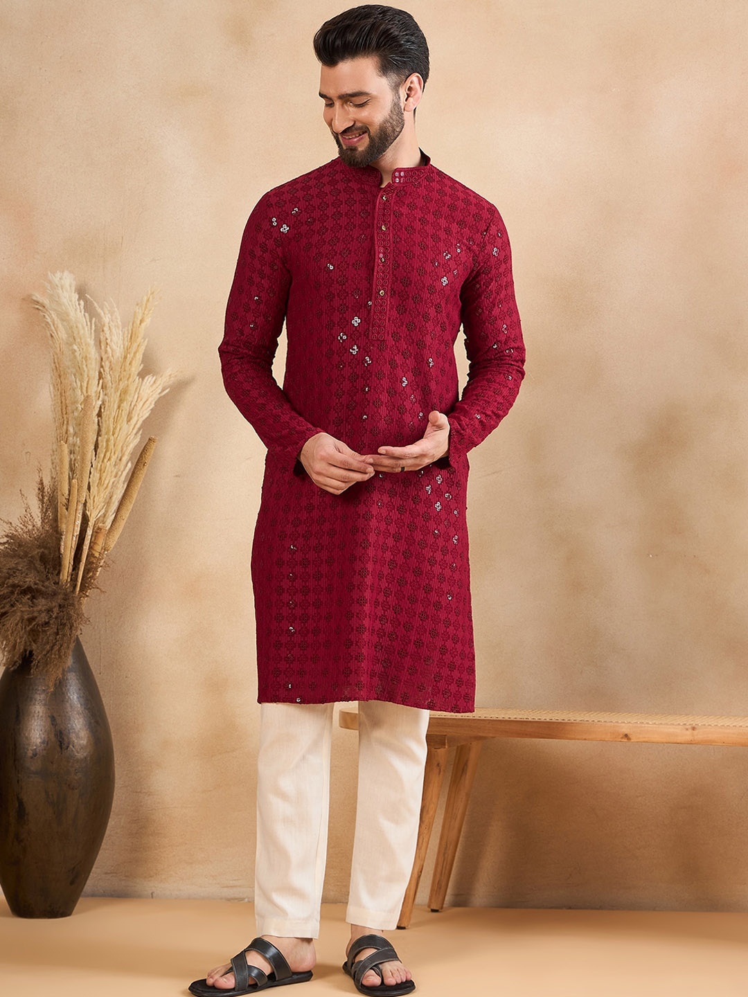 

House of Pataudi Sequinned Hakoba Straight Kurta, Maroon