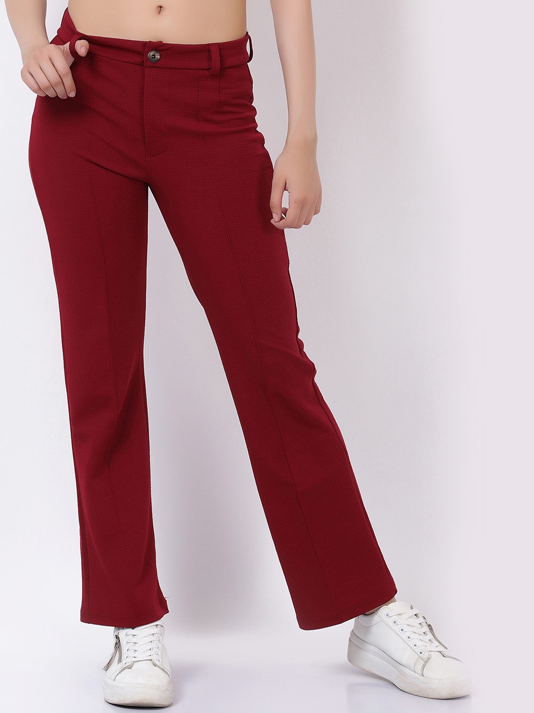 

BAESD Women Relaxed Loose Fit High-Rise Easy Wash Cotton Trousers, Maroon