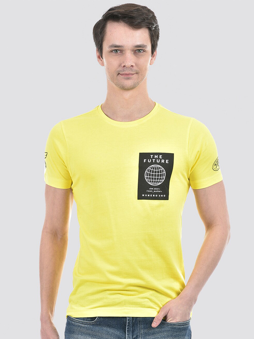 

Numero Uno Graphic Printed Pure Cotton Slim Fit T-shirt, Yellow