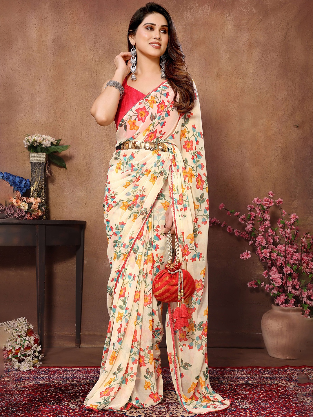 

VEDANT VASTRAM Floral Embroidered Pure Georgette Ready to Wear Saree, Beige