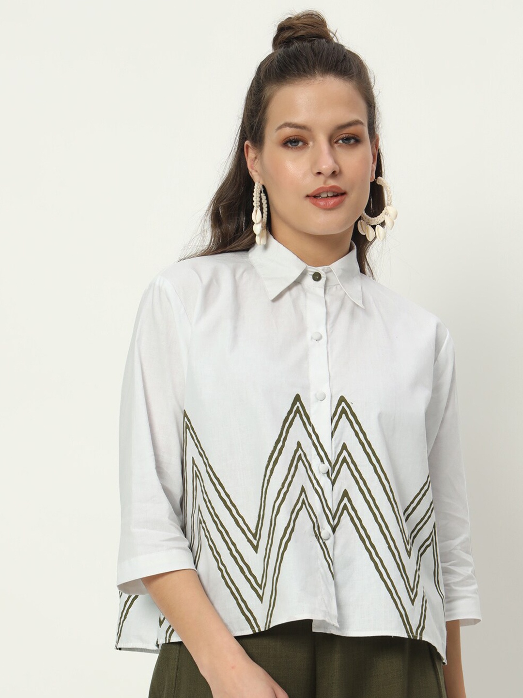 

9rasa Cotton Printed Loose Fit Shirt, White