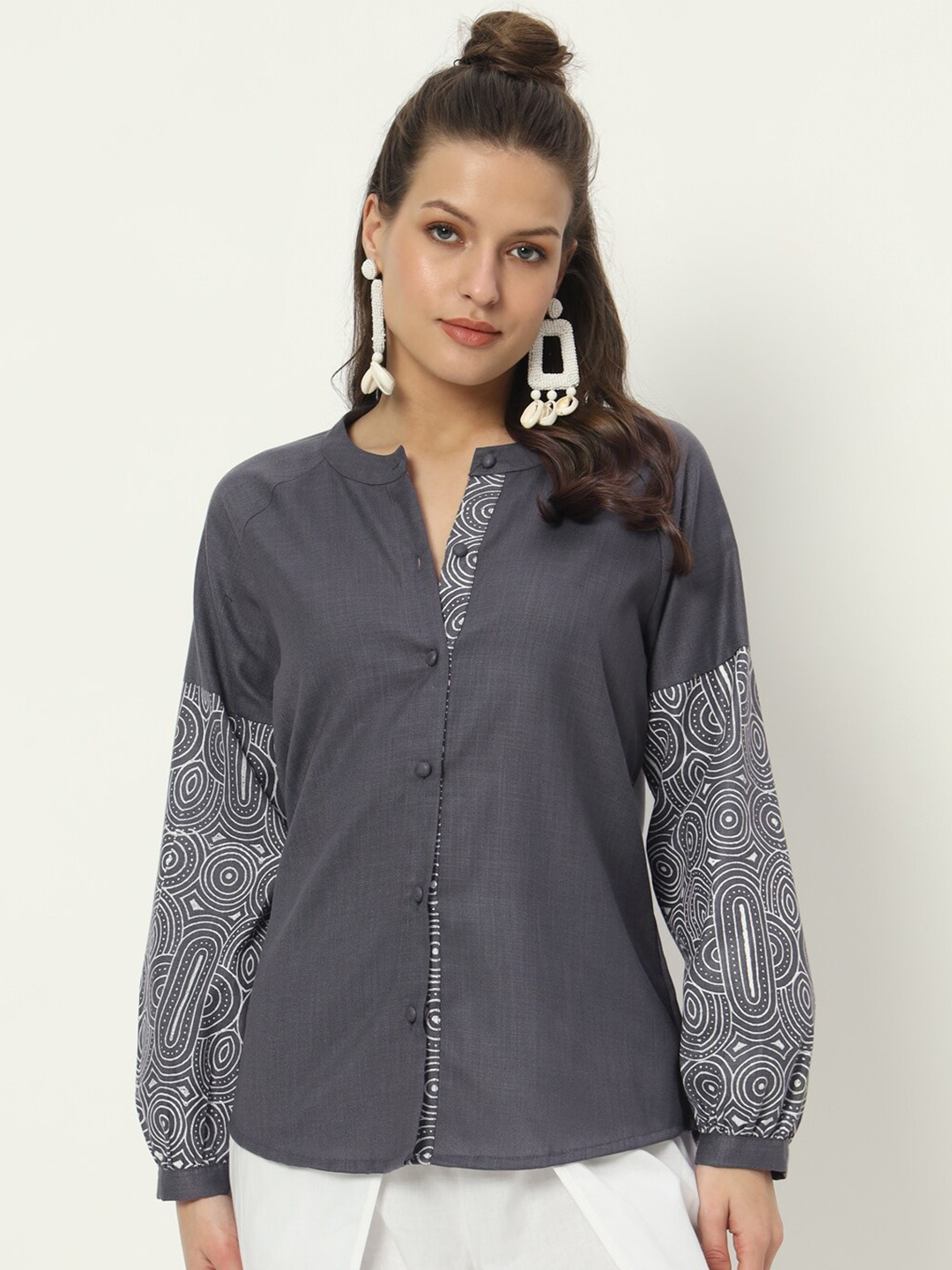 

9rasa Cotton Printed Oversized Shirt, Grey