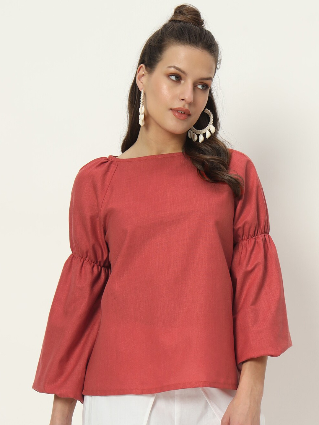 

9rasa Puff Sleeves Cotton Solid Top, Coral