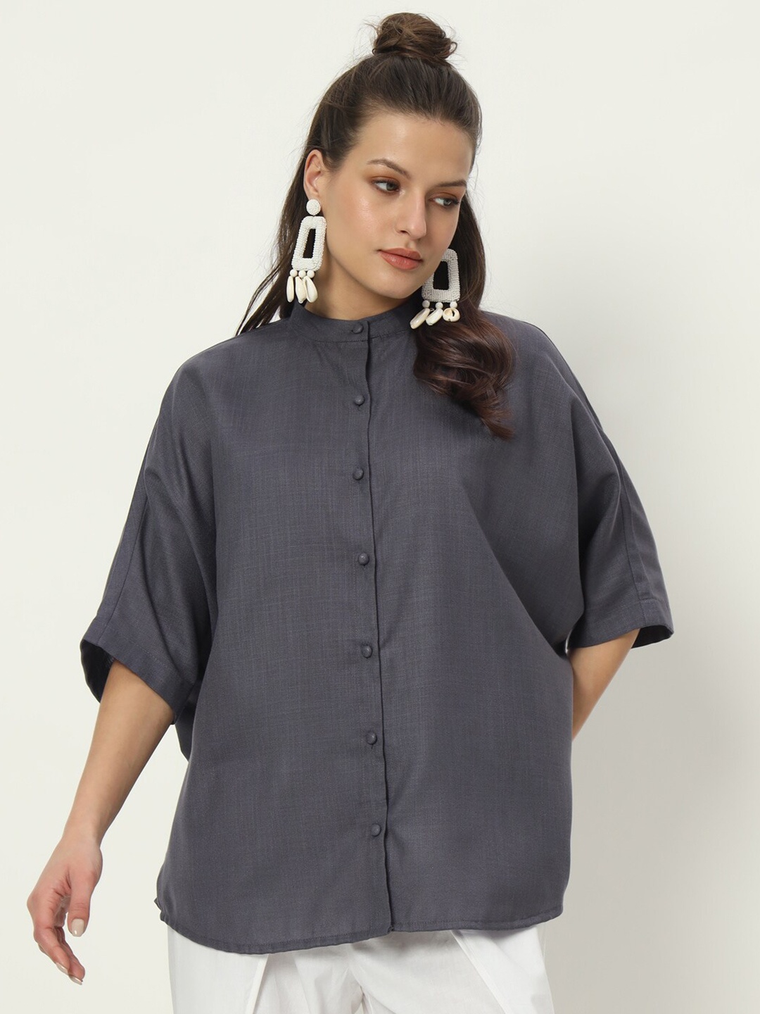 

9rasa Cotton Oversized Loose Fit Shirt, Grey